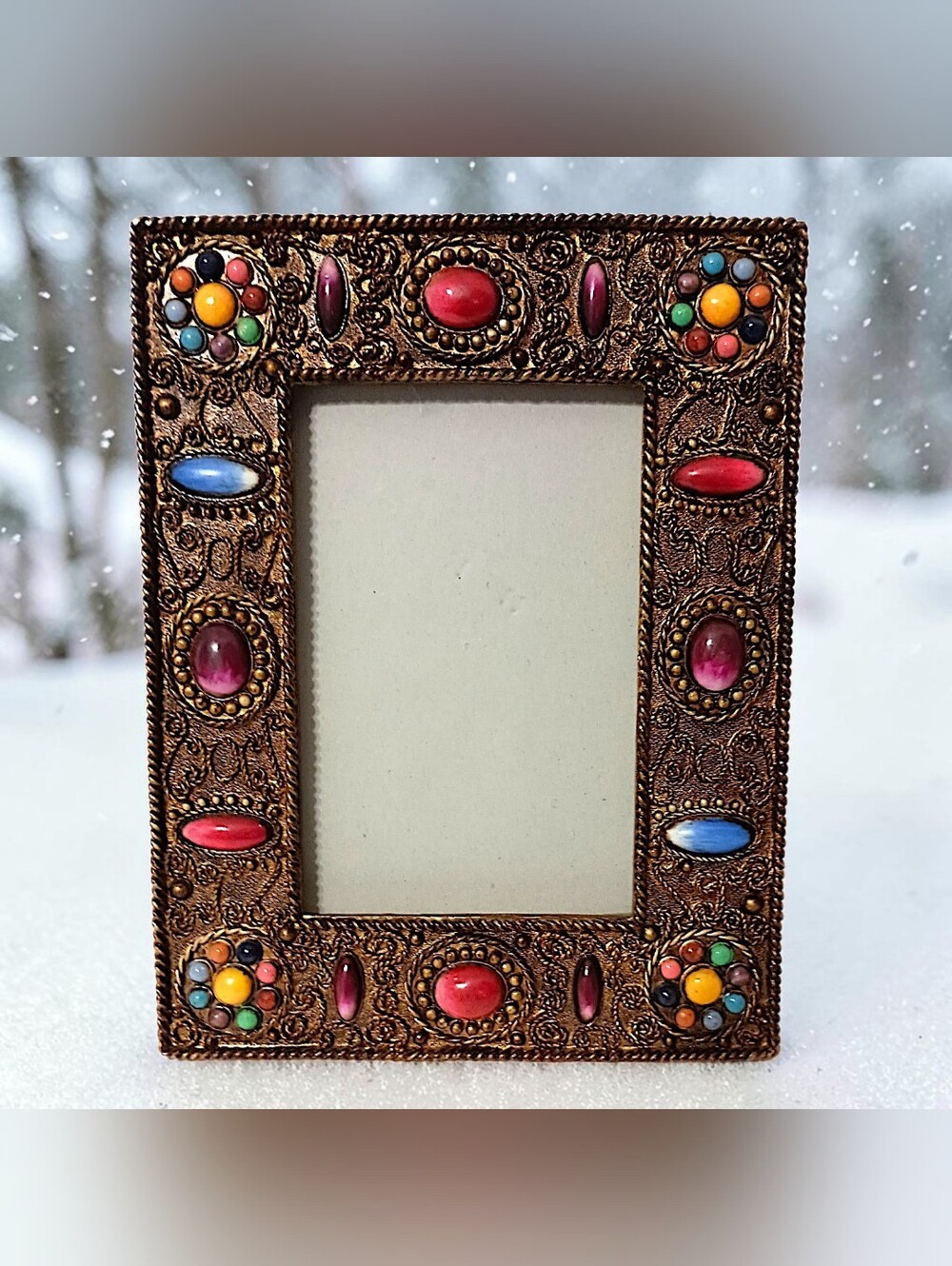 Vtg Ornate Faux Gem Picture Photo Frame Jewel Cabochons Gold Tone Bohemian